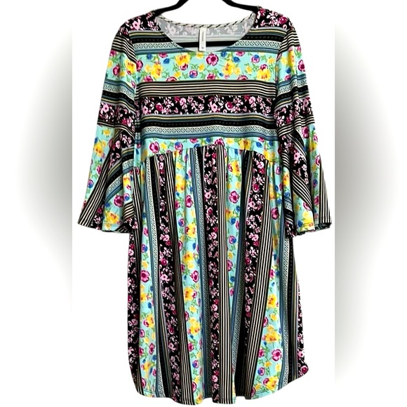 Honeylove Dresses & Skirts - HONEYME Multi Color Striped Floral Empire Waist Bell Sleeve Dress, Medium, GUC.